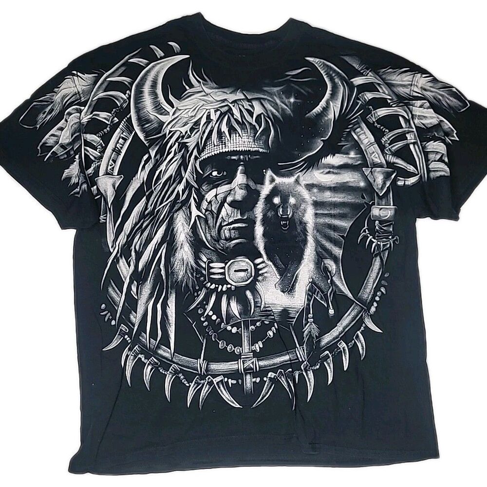 Native American Liquid Blue T-Shirt Sz XXL Vintage 2003 Indian All Over Print